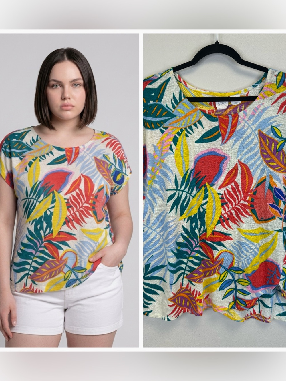 Tropical Leaf Print Linen Short Capβ Sleeve Top Size XL Floral Vacation Travel